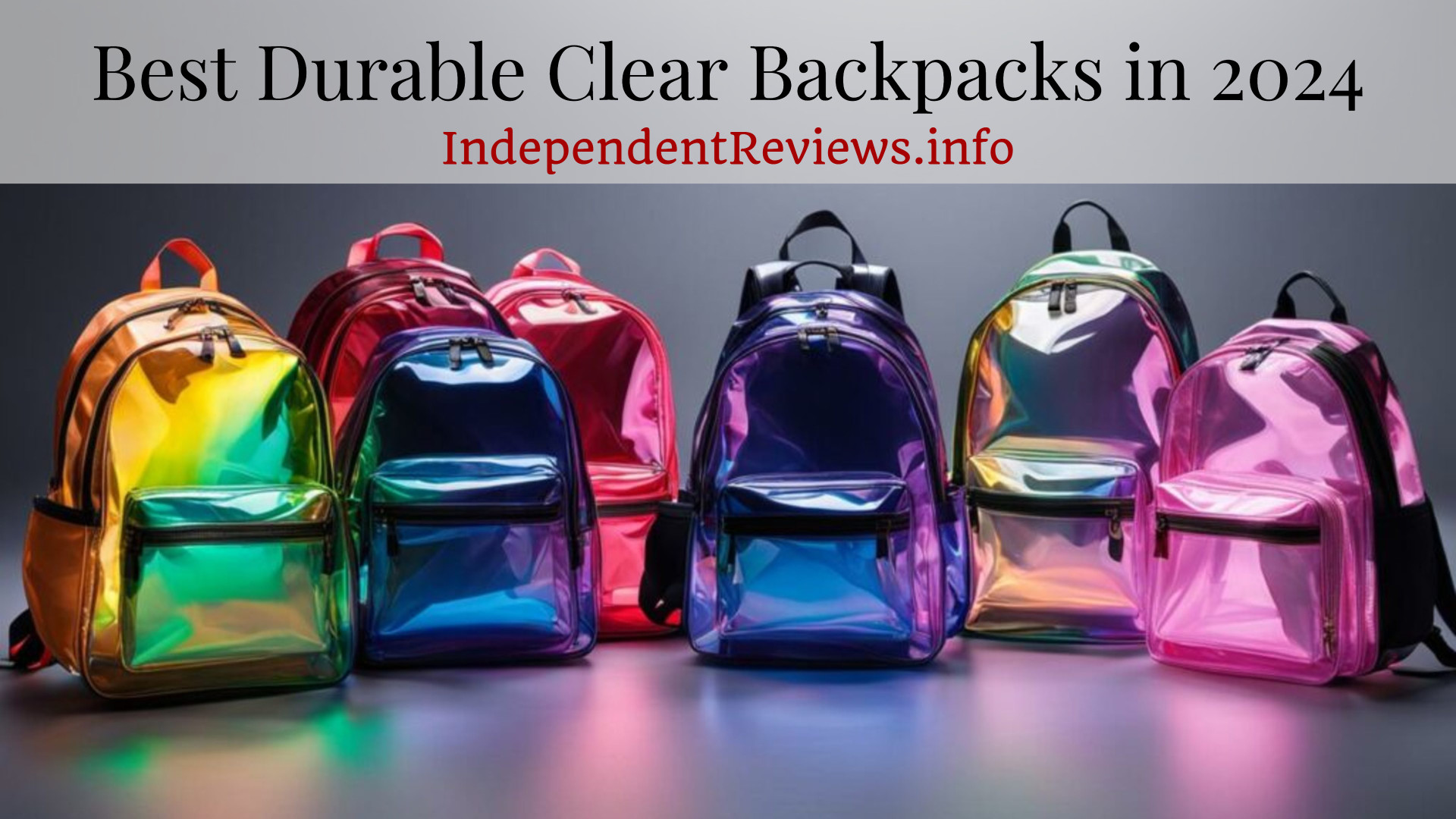 Photo of a number of colorful clear durable backpacks lined up on a table for a product test.