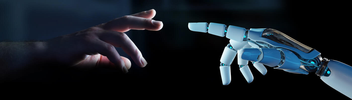 Tech category background image depicting a human hand connecting with a humanoid hand from an AI robot.